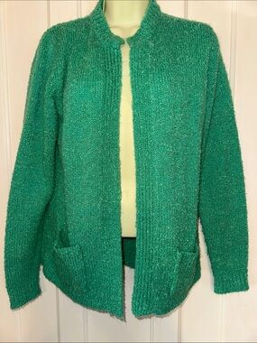 Vintage 60s Serbin Import Green Open-Front Boucle Knit Acrylic/Nylon Cardigan